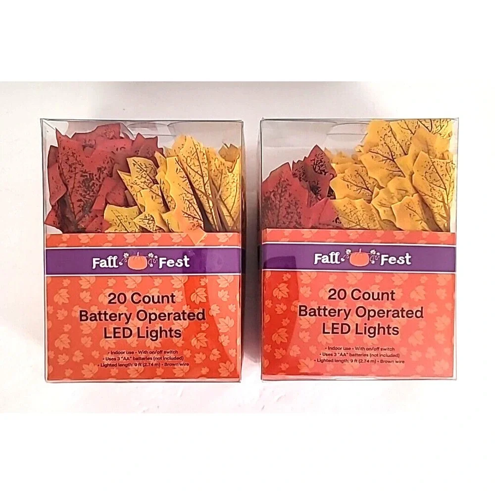 Set Of 2 Fall Fest Maple Leaves Garland/String Lights Battery Operated 20 LED